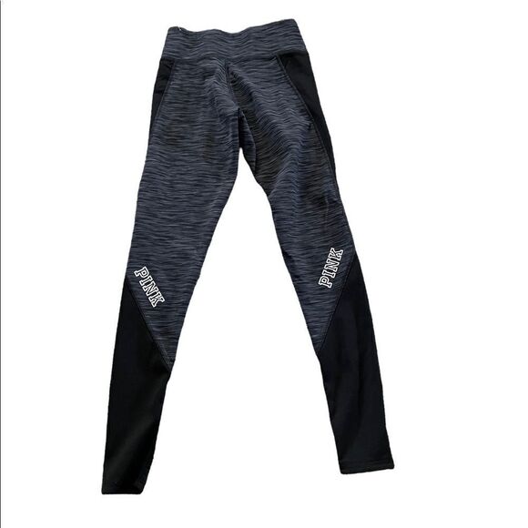 PINK BY VICTORIA'S SECRET GRAY AND BLACK HEATHERED LOGO LEGGINGS Small - Picture 1 of 5